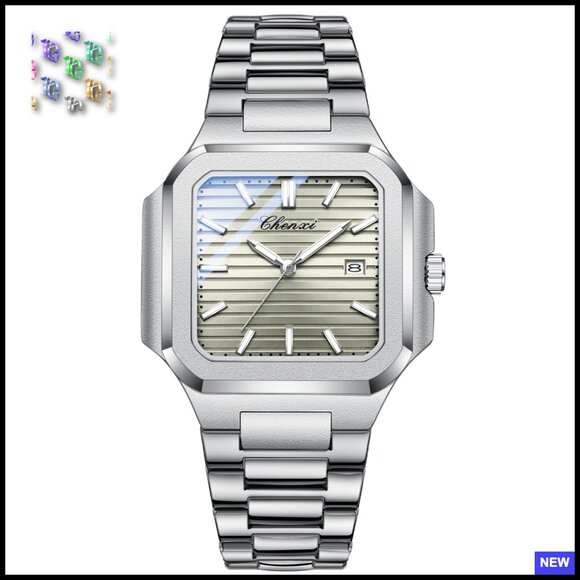 Classic Square Dress Watch Silver Stainless Steel Analog Quartz Business Casual